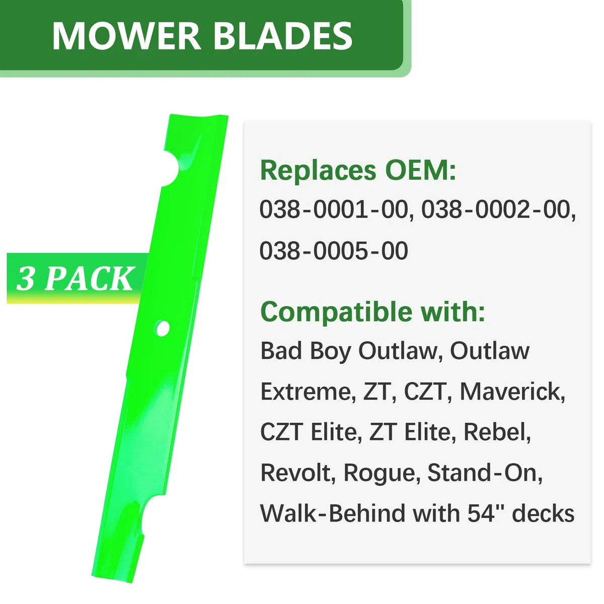 Paquete de 3 cuchillas de repuesto para cortacésped 038-0001-00 compatible con Ba d Boy Outlaw ZT CZT Elite Maverick Rebel de 54 pulgadas (elevación alta)